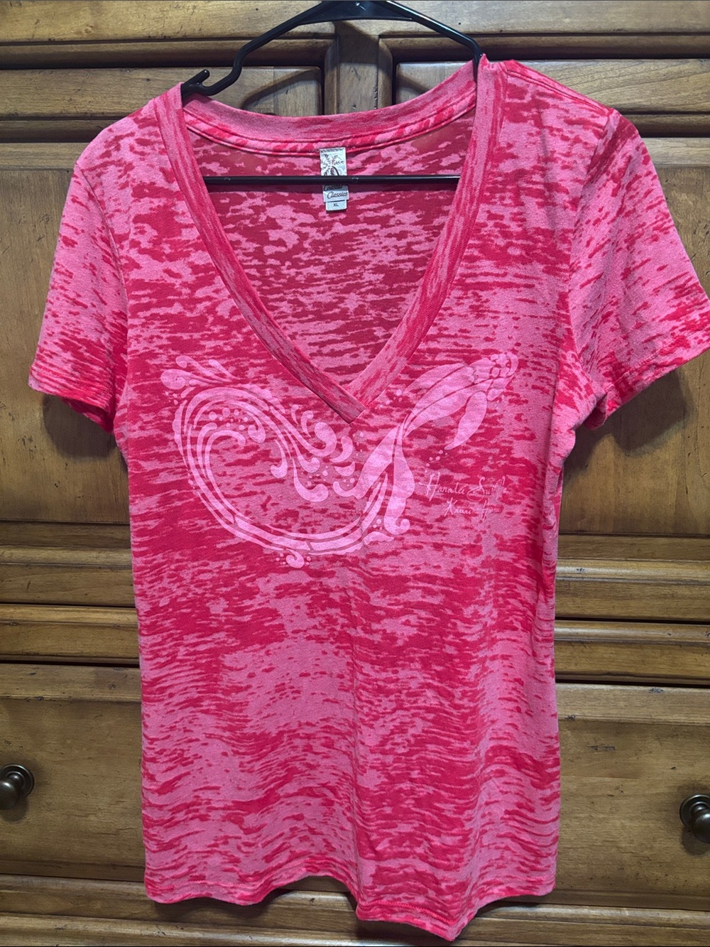 Women's Bright Pink Hawaiian  Burnout V-Neck Tee